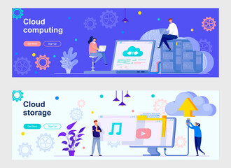 Fototapeta na wymiar Cloud computing landing page with people characters. Internet hosting provider, data storage service web banners set. cloud storage, database system vector illustration great for social media cover.