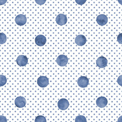 Polka dot blue navy indigo watercolor seamless pattern. Abstract watercolour color circles on white background