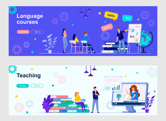 Language courses and teaching landing page with people characters. Online distance learning, teaching service web banners set. E-learning platform vector illustration great for social media cover.