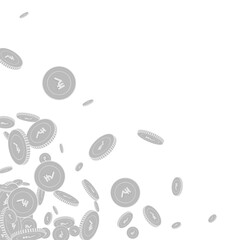 Indian rupee coins falling. Scattered black and wh