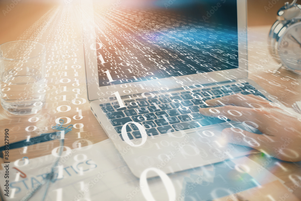 Poster Businessman with computer background with technology theme hologram. Concept of big data. Double exposure.