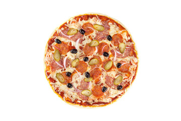 Top view image of italian pizza with cheese, salami, cocombers, olives, onion and tomato isolated at white background.