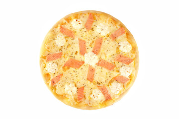 Top view italian pizza with salmon fish and cheese isolated at white background.