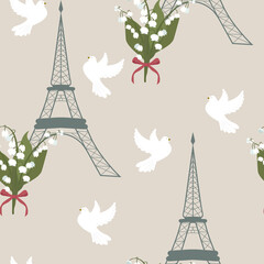 Fototapeta na wymiar Seamless vector illustration with eiffel tower, pigeons and bouquets of lilies of the valley.