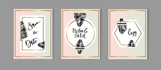 Fototapeta na wymiar Set of Hand Drawn Universal Cards with tropical palm leaf in pastel and gold colors. Design for Flayers, Placards, Posters, Invitations, Brochures. Artistic Creative Templates.