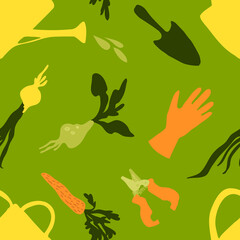 Bright and cute vector seamless pattern with garden tools and vegetables on green background