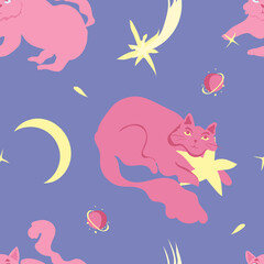 Cute space cats with planets, moons, comets and stars on periwinkle blue background