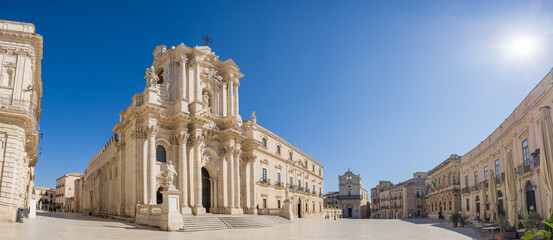 Panorama of an empty Piazza Duomo and of the Cathedral of Syracuse in Sicily - obrazy, fototapety, plakaty