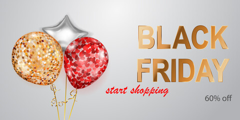 Black Friday sale banner with red, golden and silver balloons on white background. Vector illustration for posters, flyers or cards.
