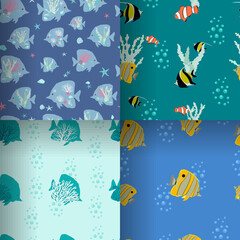 Beautiful set of seamless vector illustrations with sea fishes and algae, stylized fish.