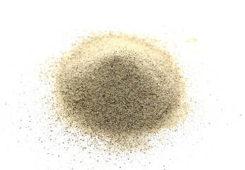 Milled white pepper powder, peppercorn pile isolated on white background