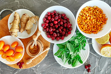 Trendy Virus protection food, coronavirus, immunity concept.