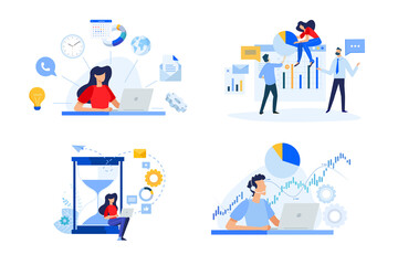 Set of people concept illustrations. Vector illustrations of business plan, project management, time management, data analysis, stock market support.