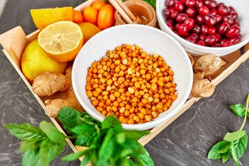 Trendy Virus protection food, coronavirus, immunity concept.