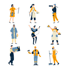 Collection of men and women of various occupations or profession wearing professional uniform - construction worker, physician, pastry chef, singer, musician, artist, builder. Flat cartoon vector.