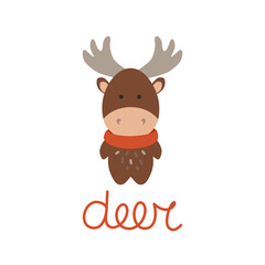 Cute deer with a scarf. Flat style illustration and lettering. 