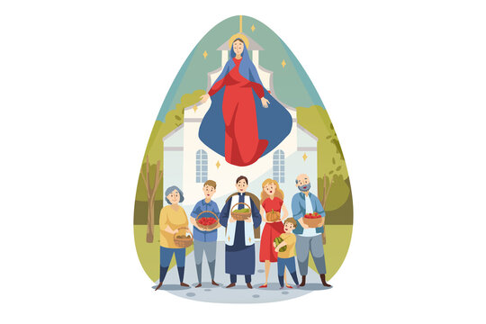Religion, bible, christianity concept. Young Maria mother of Jesus Christ protecting caring about people christians parish with food vegetables. Assumption of Mary ascension celebration illustration.