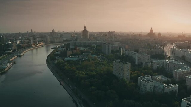 Aerial view of Moscow involving Russian White House or the House of the Government of the Russian Federation early in the morning