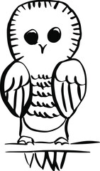 Drawing bird, owl sitting on a branch.