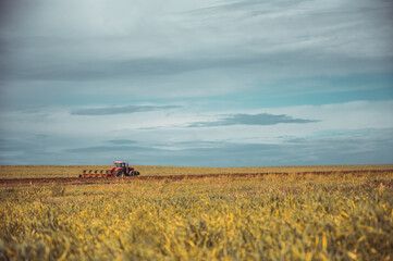 Fototapeta premium Tractor plowing the fields in the countryside. Agricultural tractor plowing the field. Red Tractor with plow.