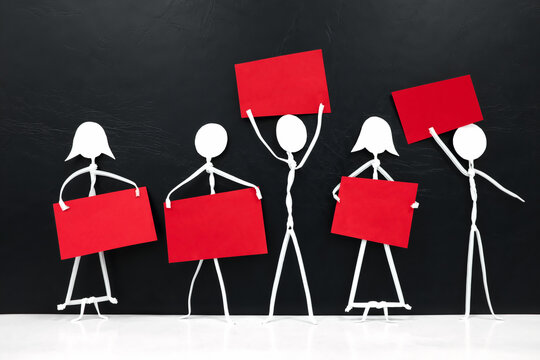 Group of men and women stick figure holding red blank placards in black background. Activism, protest, demonstration, social movement and freedom of expression concept.