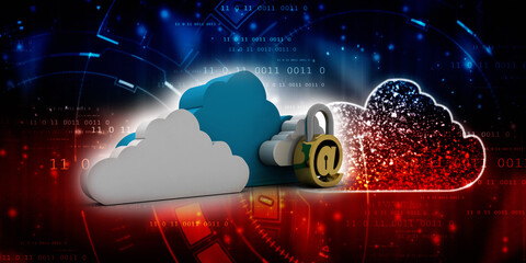 3d rendering E-mail symbol protection lock with cloud. Internet security concept