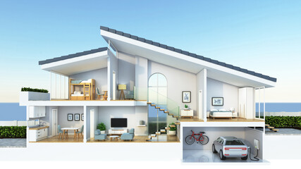Modern home cross section, 3d rendering - obrazy, fototapety, plakaty