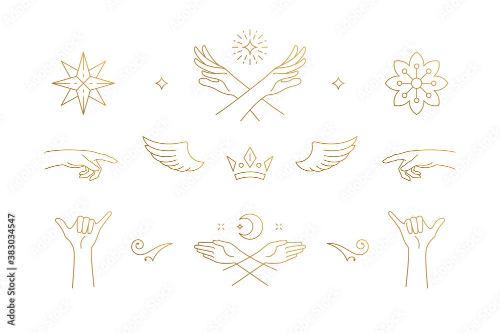 Wall mural vector line elegant decoration design elements set - wings and gesture hands illustrations minimal l