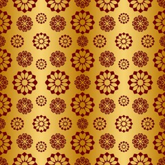 Fototapeta na wymiar Design on Christmas paper in gold and red. Christmas paper for printing. Gold and red seamless pattern.Gold and red background with Christmas snowflakes.Imitation of metal foil...