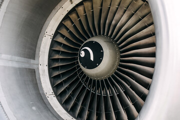 Aircraft wing engine, closeup.