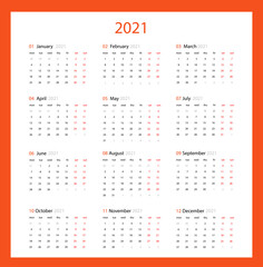 2021 calendar planner set for template corporate design week start on Monday.
