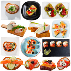 Assorted appetizing sandwiches and toasted bread with fish, pate, vegetables on white background