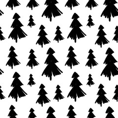 Obraz premium Seamless black and white pattern with pictures of Christmas trees. Festive background. Winter, forest, new year, nature. For wallpaper, packaging, fabric, covers.