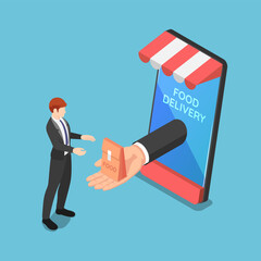 Isometric Businessman Hand Come Out from Smartphone Screen and Delivering Food