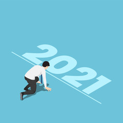 Isometric Businessman in Starting Position and Ready to New Year 2021