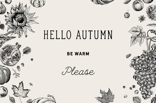 Happy Autumn. Harvest. Autumn horizontal card. Vector vintage illustration. Black and white