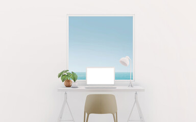 Table with laptop mock up in white room.Sea view from window with blue sky.3d rendering