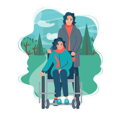 Volunteer walking in park with disabled person in wheelchair with dog. Help disabled people, social worker care about invalid. International Volunteer Day. Flat vector illustration.