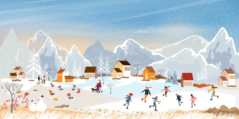 Winter landscape,Vector winter wonderland banner at village with people playing ice skates,Happy kids sledding in the park, Merry Christmas or New year background