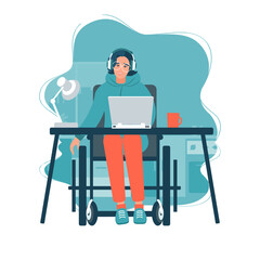 Disabled Person in Wheelchair Working on Computer Desk in Home Office. Handicapped Business Character at Workplace. Disability Concept. Flat Cartoon Vector Illustration.