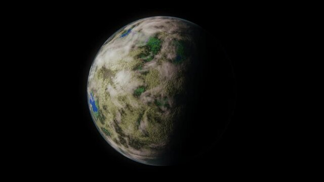 Animated spinning exoplanet with large lakes and huge lands with some marsh territories and thicker clouds. More green foliage near water bodies. Hal planet day and other half dark.