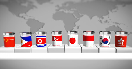 Countries from Asia represented as vaccines in front of light gray world map, 3D illustration 