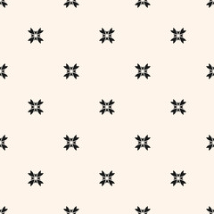 Vector geometric floral ornament. Seamless pattern in oriental style. Simple monochrome ornamental texture with small flower shapes. Black and white abstract background. Subtle minimal repeat design