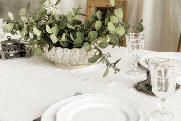 Decorated boho table. The table is covered with a tablecloth, on which there are elegant plates and glasses, a vase with a green plant