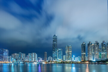 Night scenery of skyline and harbor of downtown district of Hong Kong city