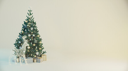 Christmas. New Year. Christmas tree with toys and garlands. Gifts under the tree. Deer figure.