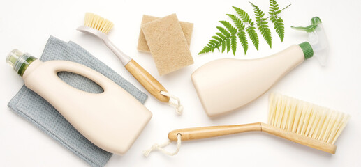 Eco brushes, sponges and rag on white background. Flat lay eco cleaning products. Cleaner concept 