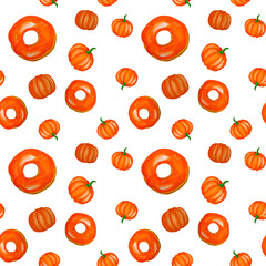 Seamless pattern with watercolor orange pumpkins and donuts - 383043351