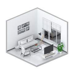 minimalist interior living room with Smart TV. 3D render