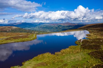Aerial view at Brecon Beacons. Keepers Pond, The Blorenge, Abergavenny, Wales, United Kingdom